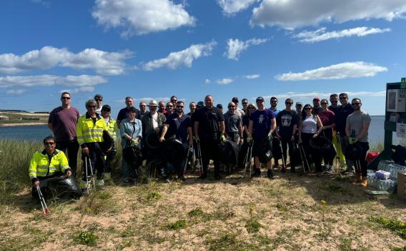 People collecting rubbish on beach